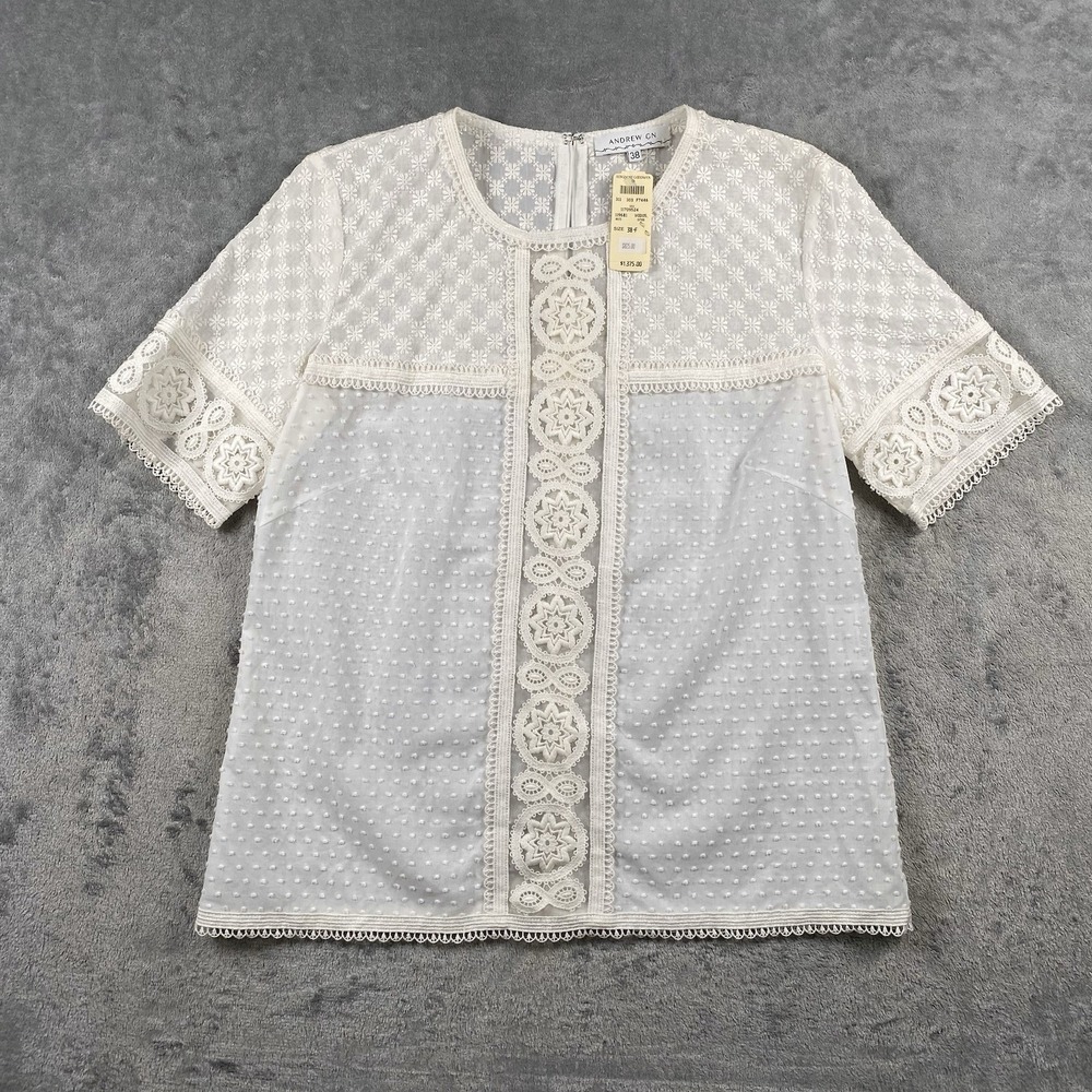 Andrew GN Top Womens Sz 6 FR 38 White Semi Sheer Blouse Lace Cotton Silk France